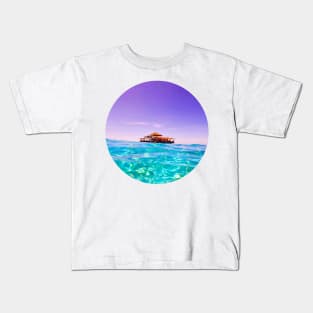 Holographic Shades Of Blue Ocean Summer Beach Waves With Vintage Yacht Under The Clear Sky Kids T-Shirt